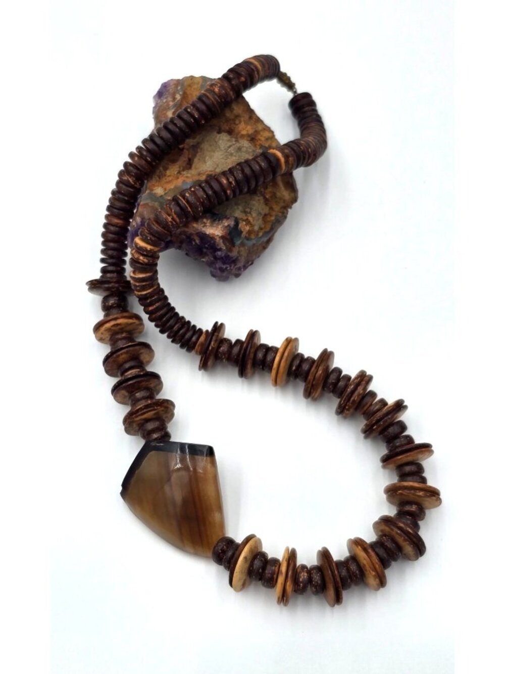 Vintage Horn Coconut Wood Statement Necklace 22" Brutalist Tribal Chunky Boho - Picture 8 of 14